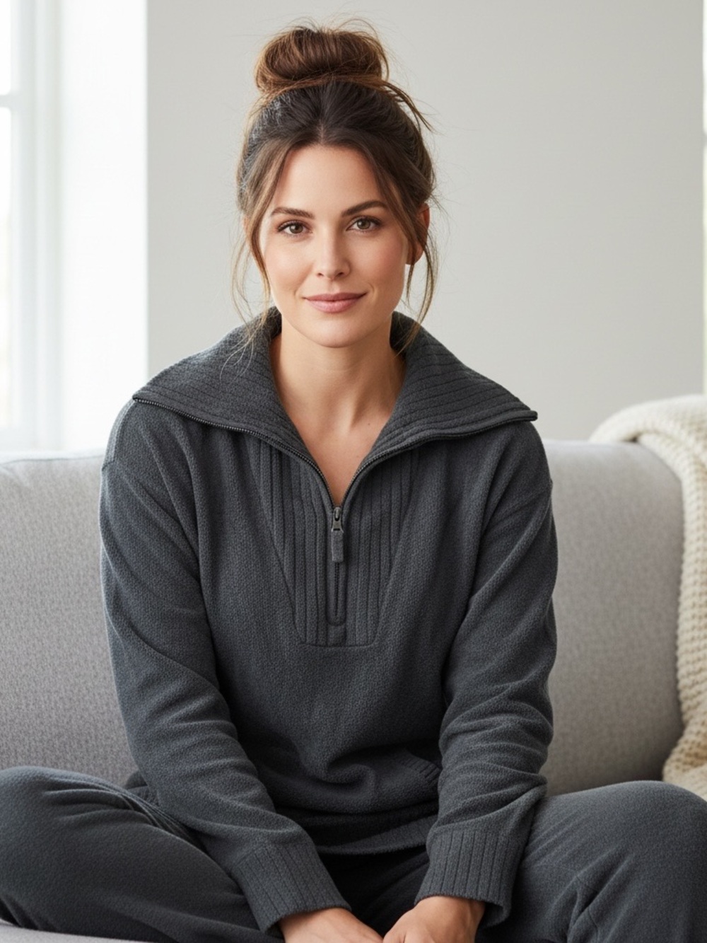 Barefoot Dreams | Gray cozy kangaroo pocket 1/4 zip lounge sweater size …